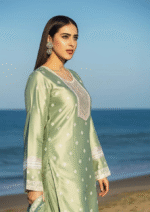 A beautiful model wearing a mint green Japanese silk dress with detailed embroidery and sequence work, standing in front of the sea. The image highlights the intricate design and elegant flow of the fabric.